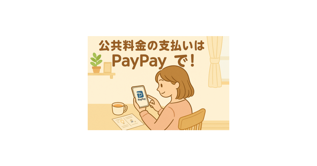 公共料金の請求書をPayPayで支払う大学生のイラスト。スマホを使って支払う様子が描かれている。
